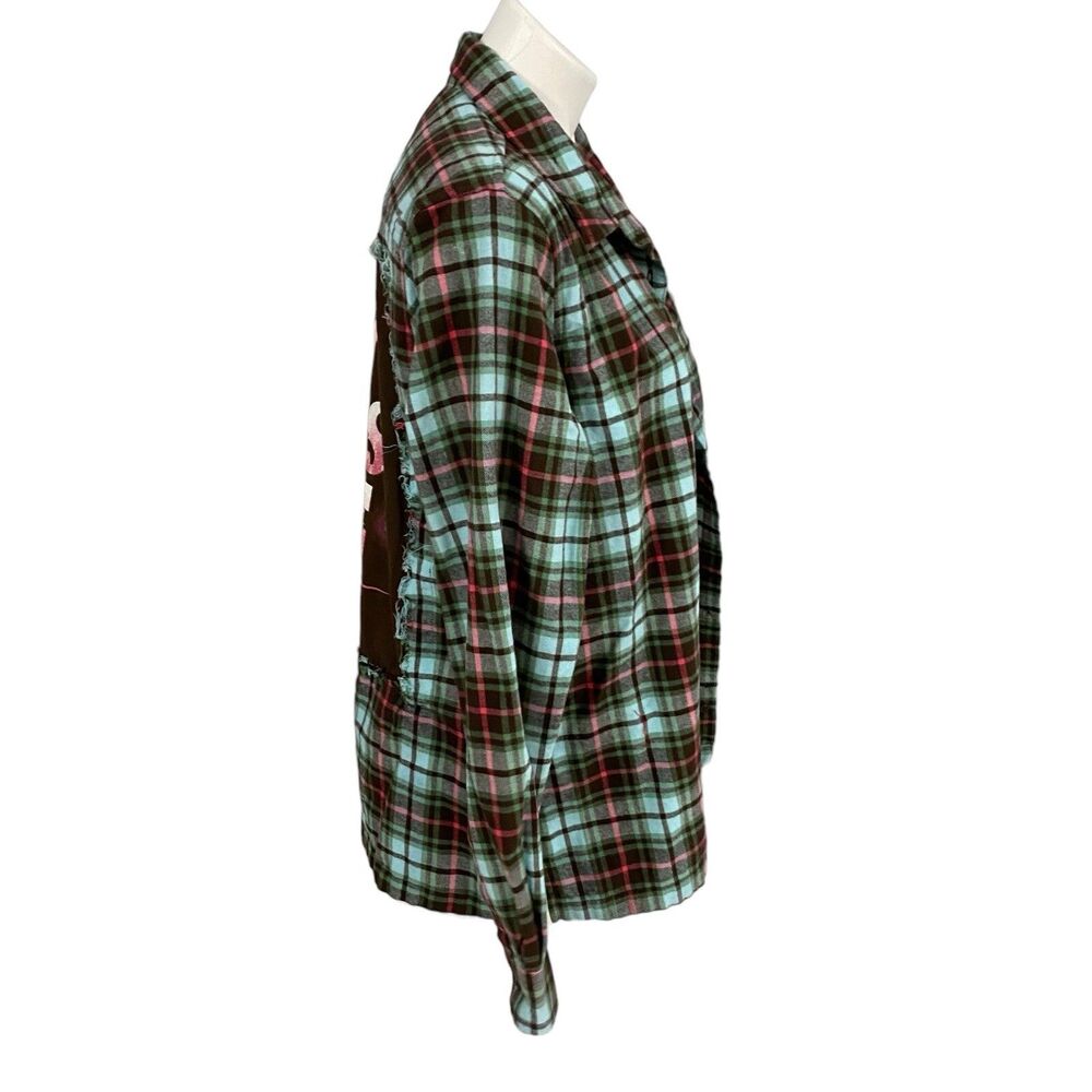 Upcycled Flannel Shirt Womens Large Shacket Hunting Green Country Grunge Camp - Picture 9 of 16